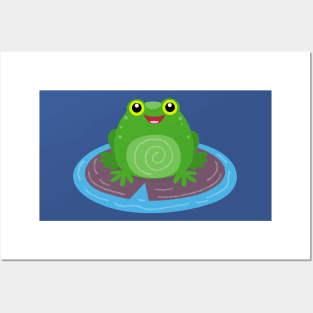 Cute happy green frog cartoon illustration Posters and Art